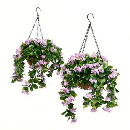 15" Faux Crepe Myrtle Hanging Flower Baskets – Realistic Artificial Hanging Flowers for Porch, Patio & Balcony Decor (Set of 2)