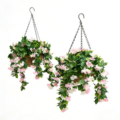 15" Faux Crepe Myrtle Hanging Flower Baskets – Realistic Artificial Hanging Flowers for Porch, Patio & Balcony Decor (Set of 2)