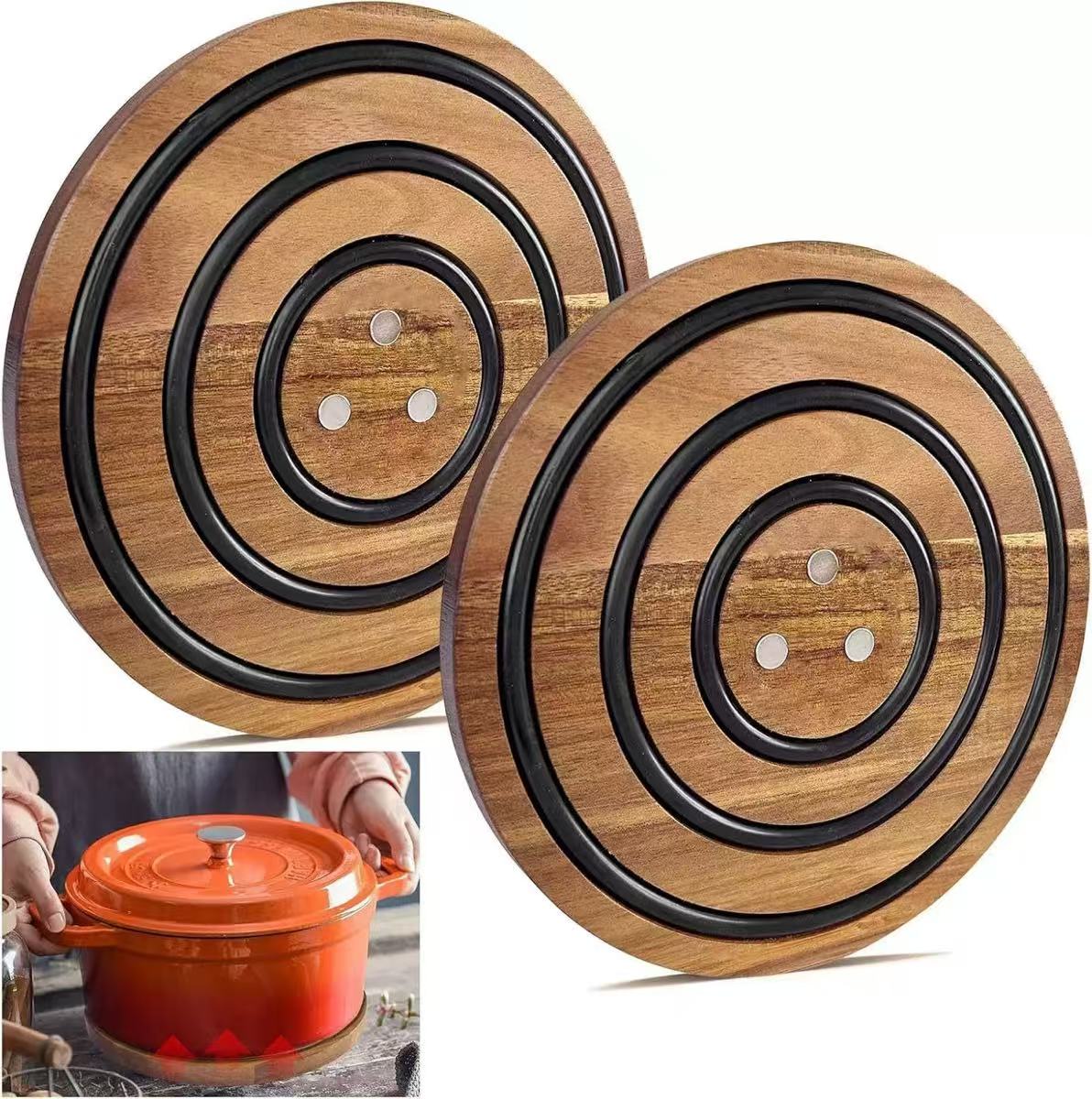 Magnetic Wooden Trivet 8 Inch Acacia Wood Heat Resistant Silicone Oven to Table Handsfree Kitchen Gadget