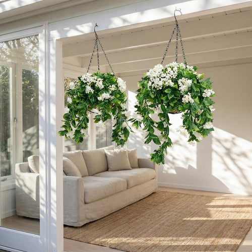 15" Faux Crepe Myrtle Hanging Flower Baskets – Realistic Artificial Hanging Flowers for Porch, Patio & Balcony Decor (Set of 2)