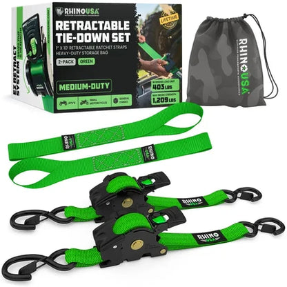 1" x 10' Retractable Ratchet Straps- Medium Duty Self Retracting Tie Down Straps for Truck, Cargo Trailer