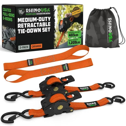1" x 10' Retractable Ratchet Straps- Medium Duty Self Retracting Tie Down Straps for Truck, Cargo Trailer