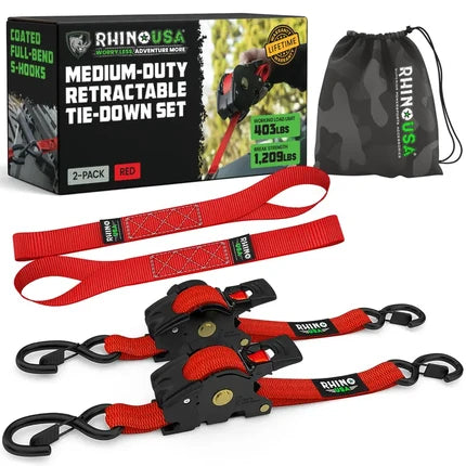 1" x 10' Retractable Ratchet Straps- Medium Duty Self Retracting Tie Down Straps for Truck, Cargo Trailer