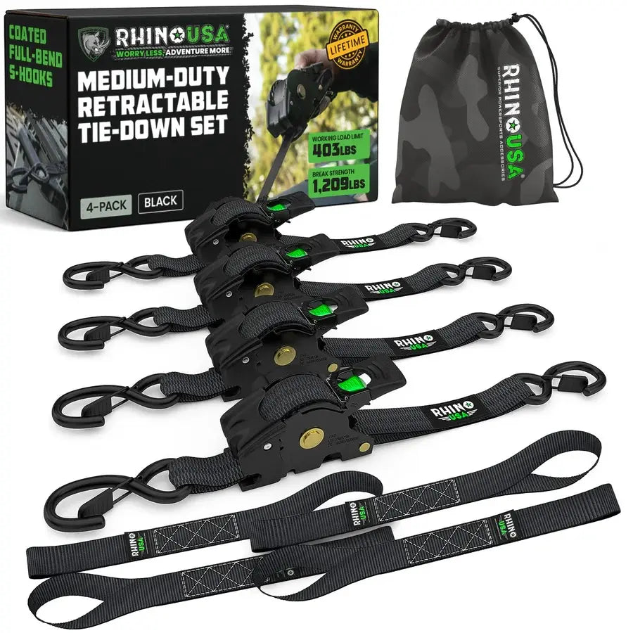 1" x 10' Retractable Ratchet Straps- Medium Duty Self Retracting Tie Down Straps for Truck, Cargo Trailer