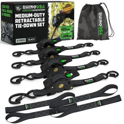 1" x 10' Retractable Ratchet Straps- Medium Duty Self Retracting Tie Down Straps for Truck, Cargo Trailer