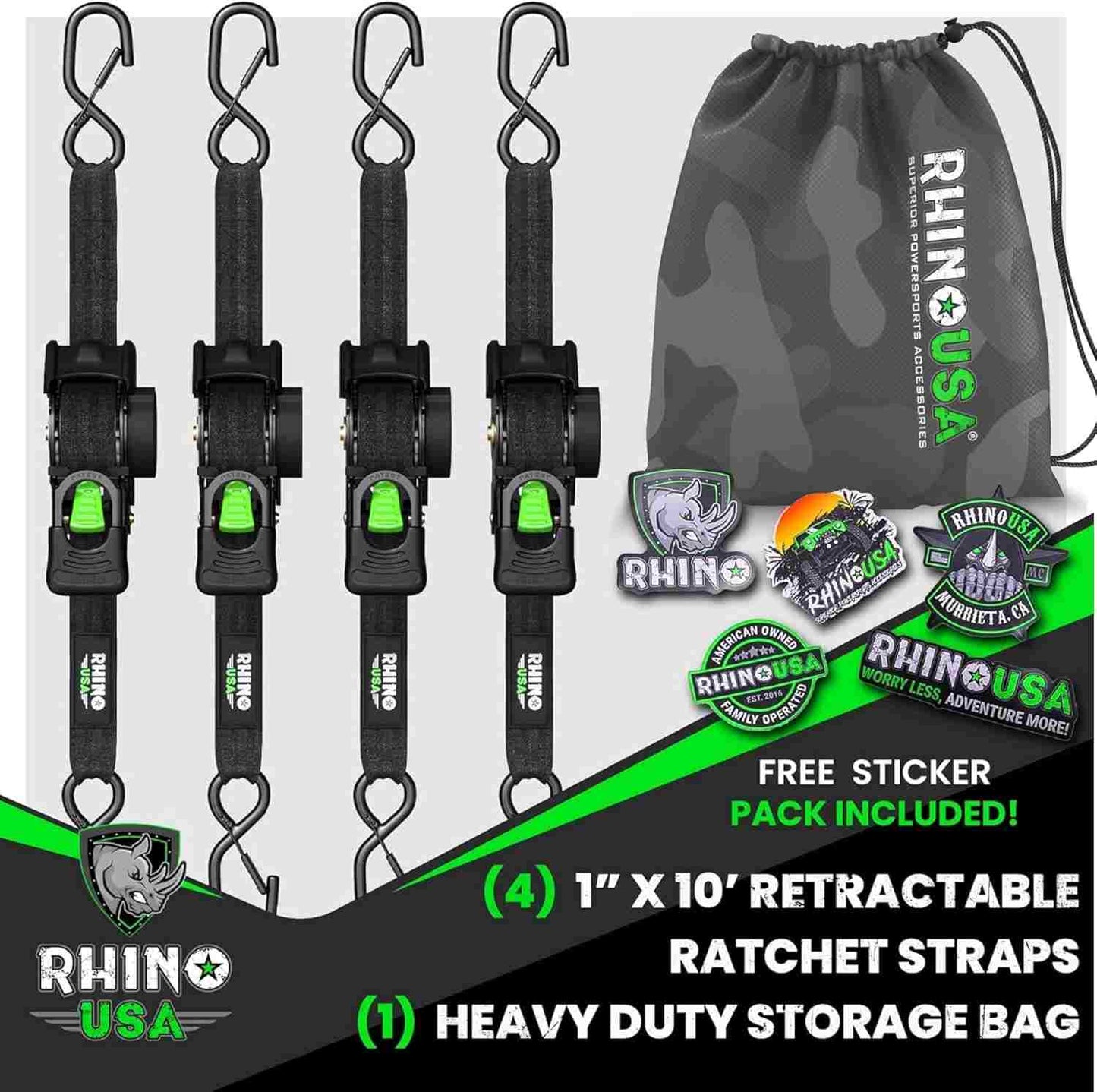 1" x 10' Retractable Ratchet Straps- Medium Duty Self Retracting Tie Down Straps for Truck, Cargo Trailer