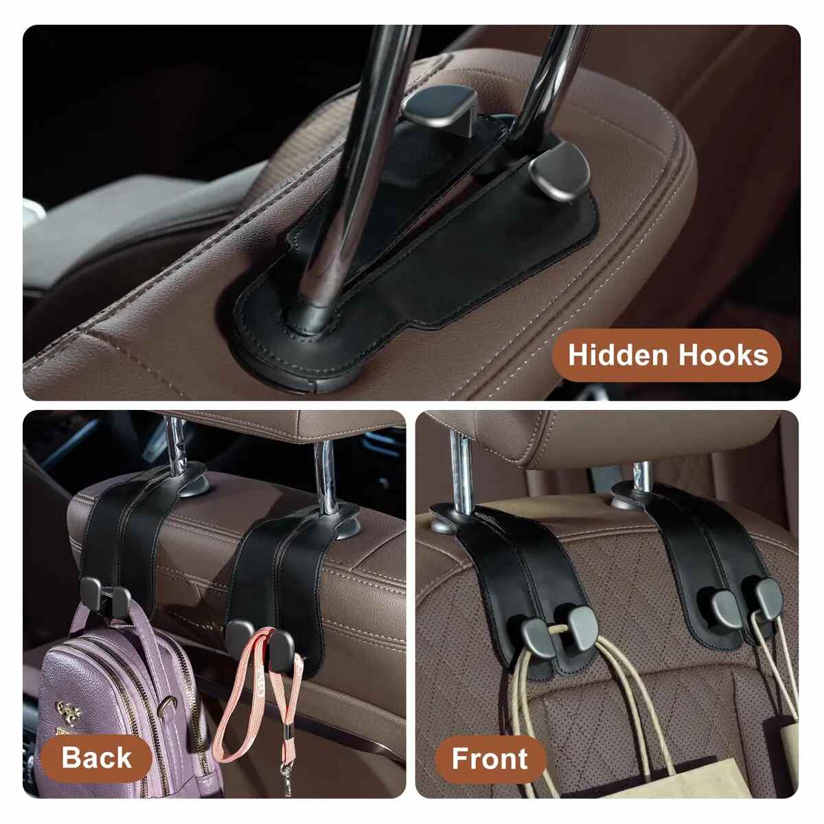 Double Metal Car Headrest Hooks 4-Pack