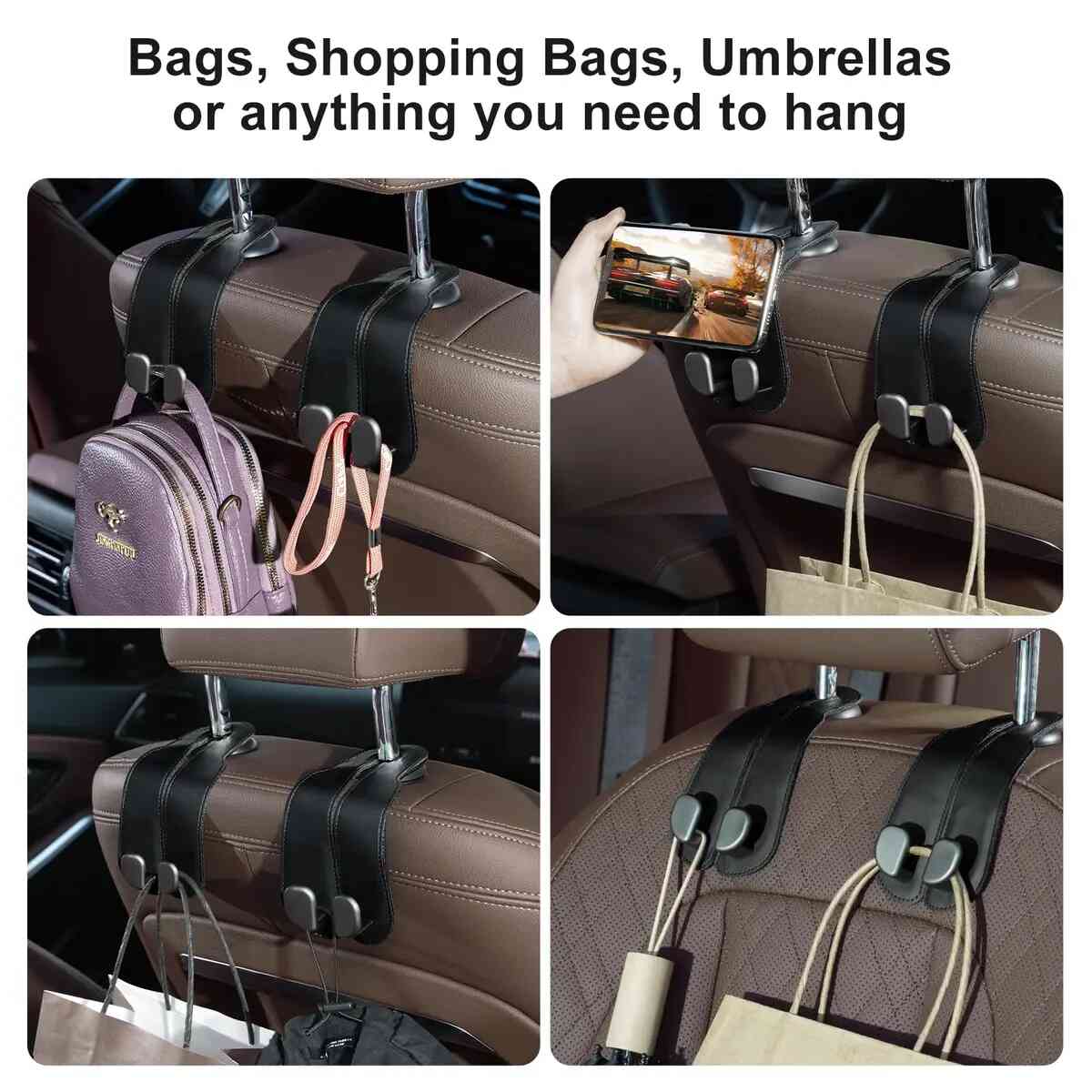 Double Metal Car Headrest Hooks 4-Pack
