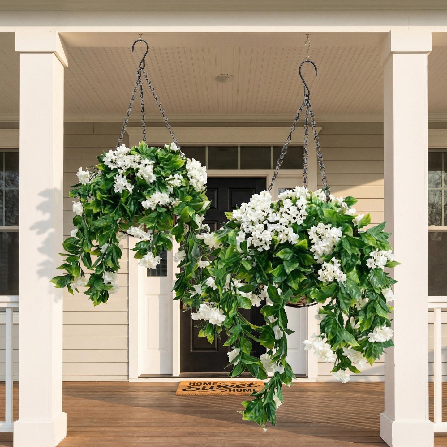 15" Faux Crepe Myrtle Hanging Flower Baskets – Realistic Artificial Hanging Flowers for Porch, Patio & Balcony Decor (Set of 2)