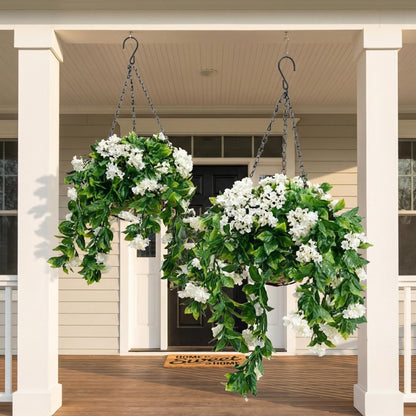 15" Faux Crepe Myrtle Hanging Flower Baskets – Realistic Artificial Hanging Flowers for Porch, Patio & Balcony Decor (Set of 2)