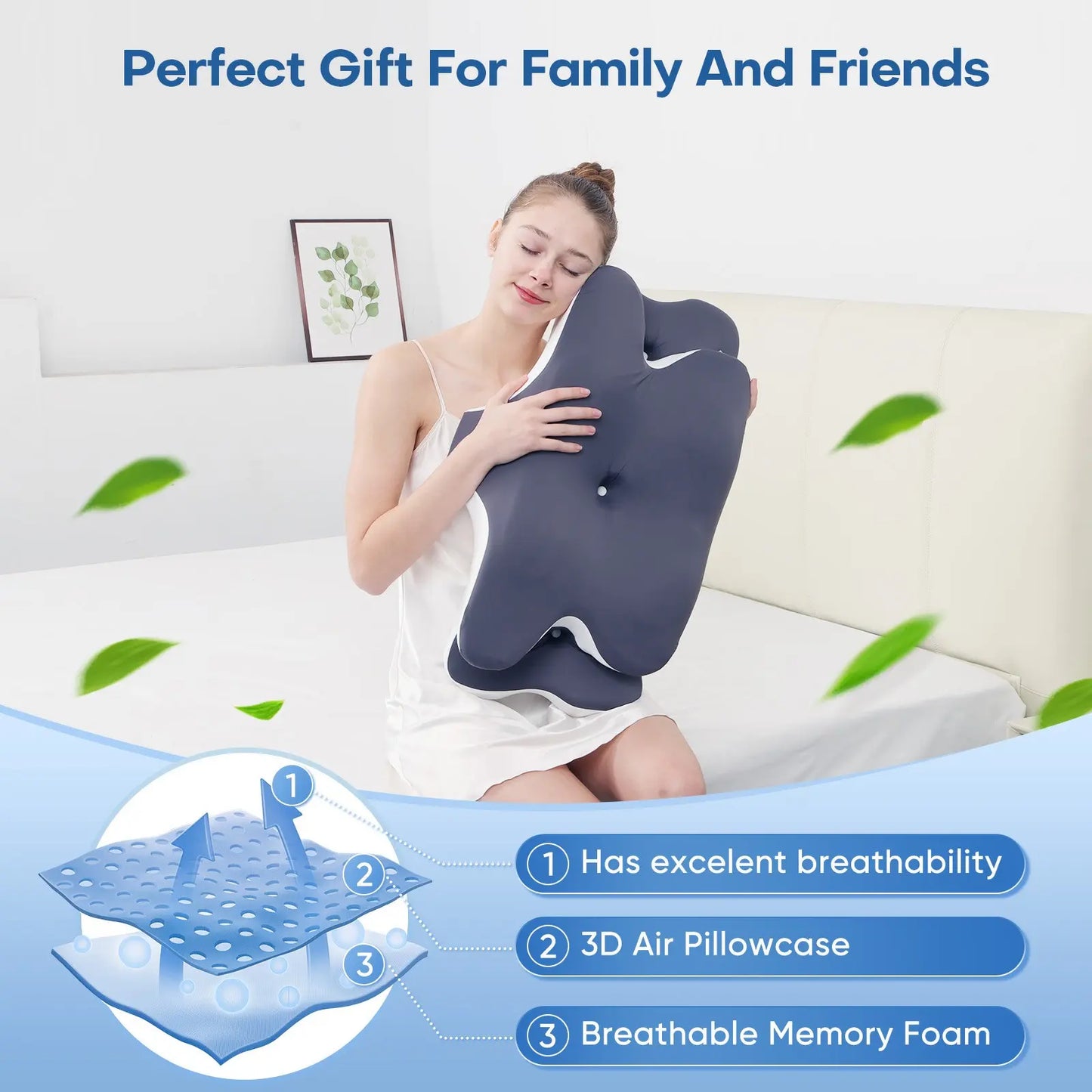 Double-Sided Contoured Neck Pillow, Unscented Supportive Memory Foam with Cooling Cover