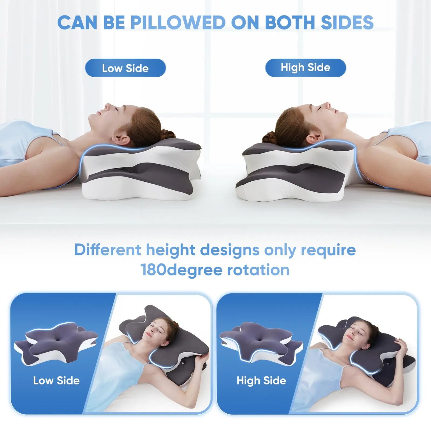 Double-Sided Contoured Neck Pillow, Unscented Supportive Memory Foam with Cooling Cover