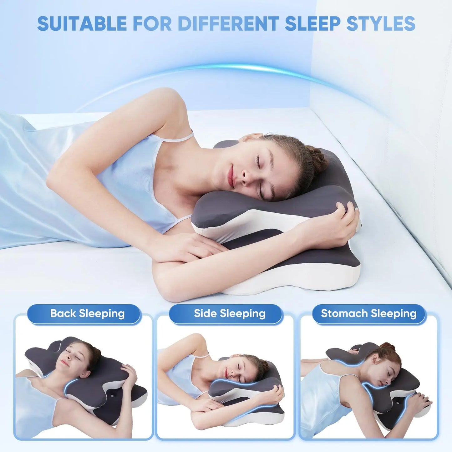 Double-Sided Contoured Neck Pillow, Unscented Supportive Memory Foam with Cooling Cover