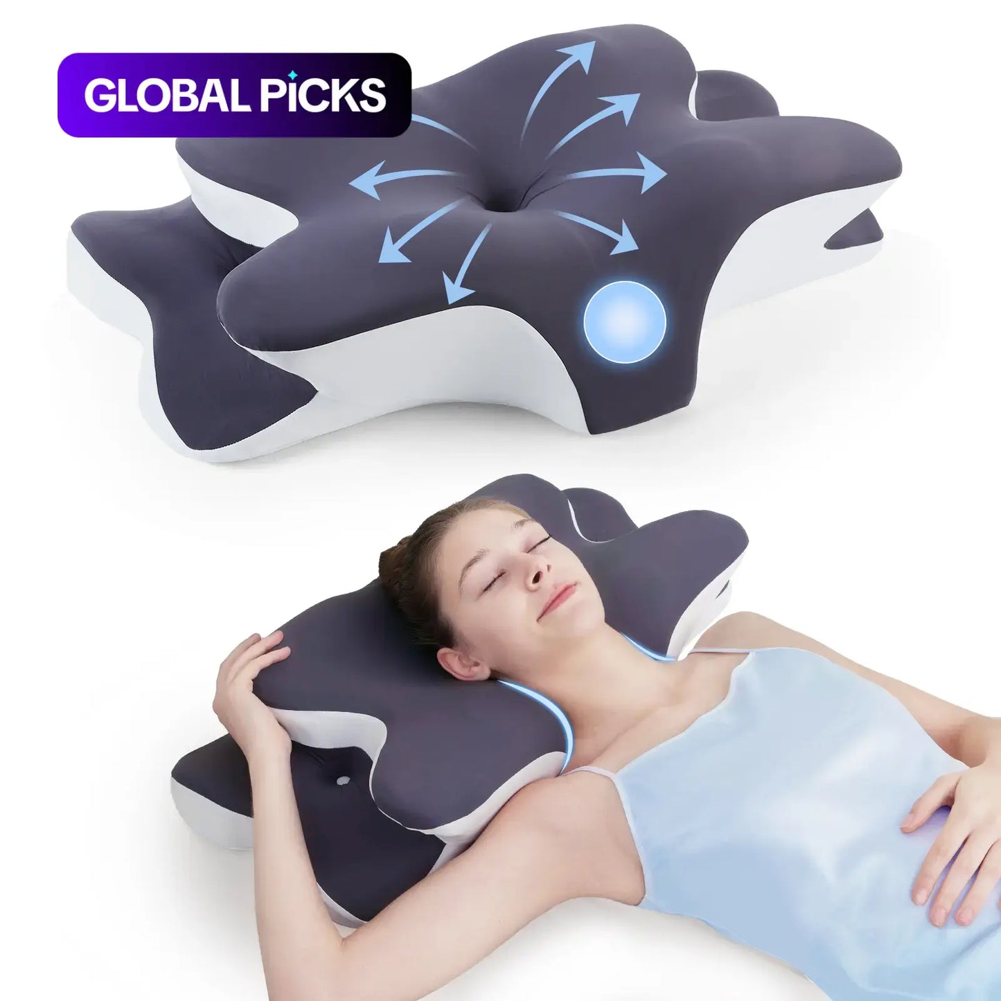 Double-Sided Contoured Neck Pillow, Unscented Supportive Memory Foam with Cooling Cover