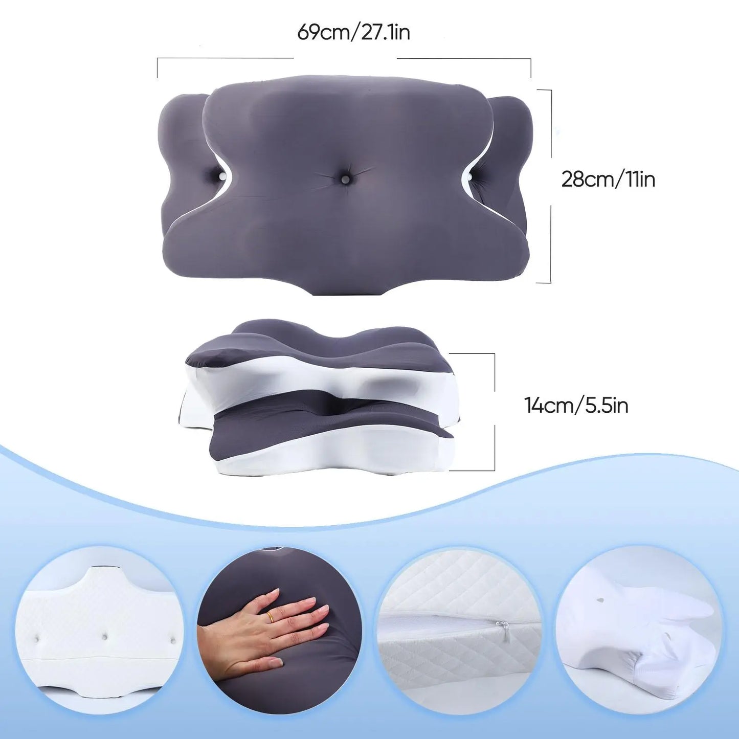 Double-Sided Contoured Neck Pillow, Unscented Supportive Memory Foam with Cooling Cover