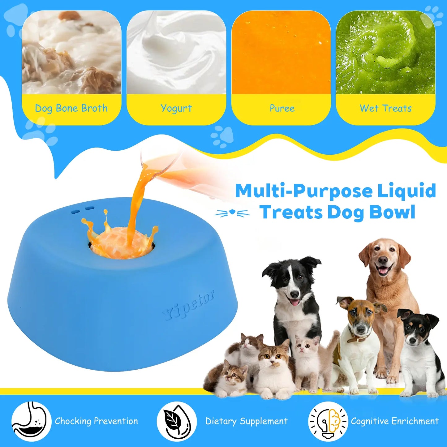 Yipetor Slow Feeder Dog Bowls for Liquid Treat, [Built-in Rolling Ball] No Spill Bone Broth Dog Licking Bowl